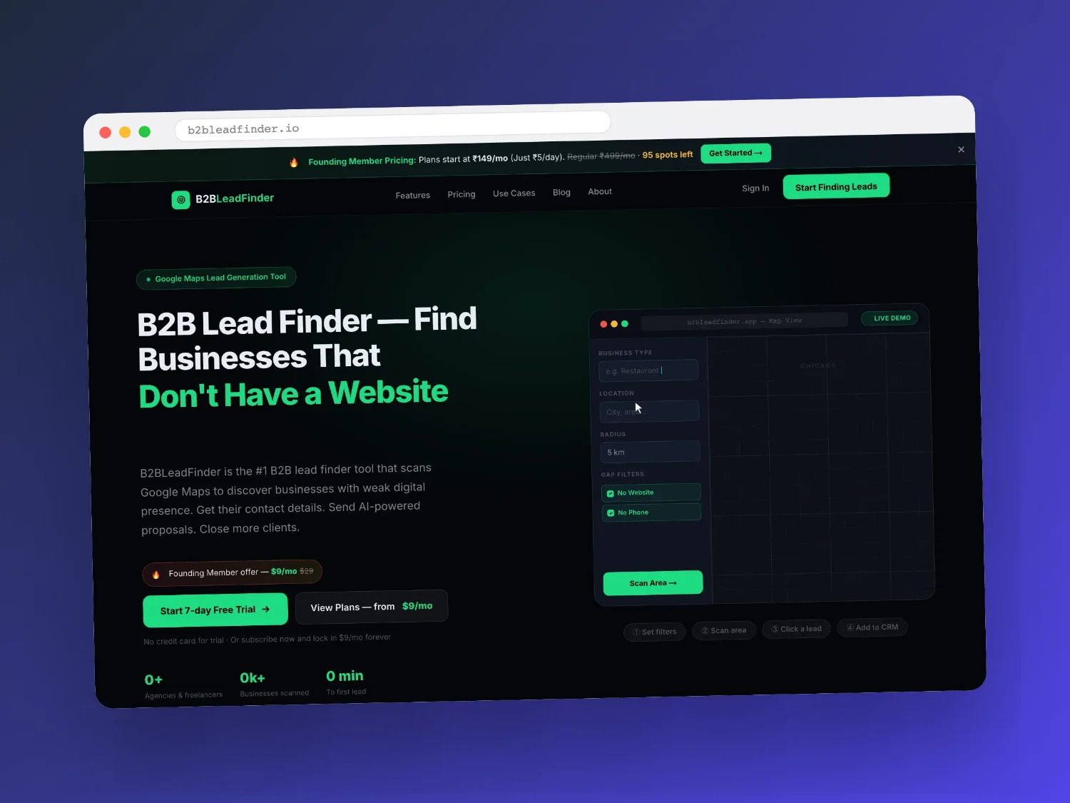 The live B2BLeadFinder product at b2bleadfinder.io — a Google Maps lead-generation tool with a scan-area map view and gap filters for businesses with no website or phone