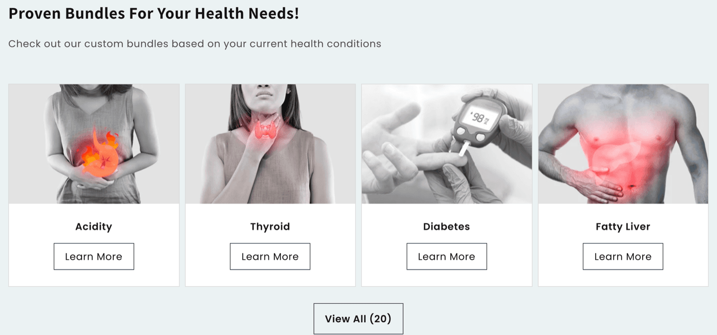 Miduty homepage: condition-led bundles for acidity, thyroid, diabetes and fatty liver