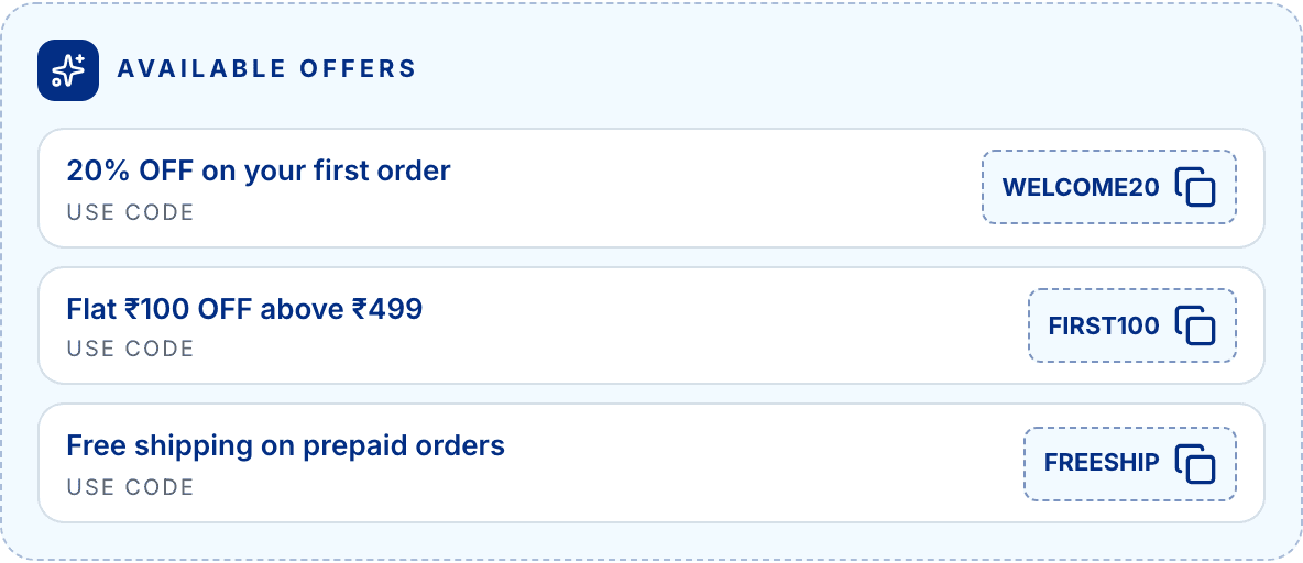 Oximan available offers: 20% off first order, flat 100 off above 499, free shipping on prepaid