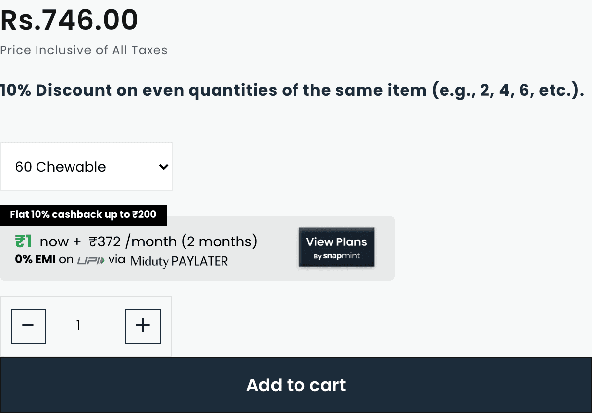 Miduty product page stating 10% discount on even quantities of the same item