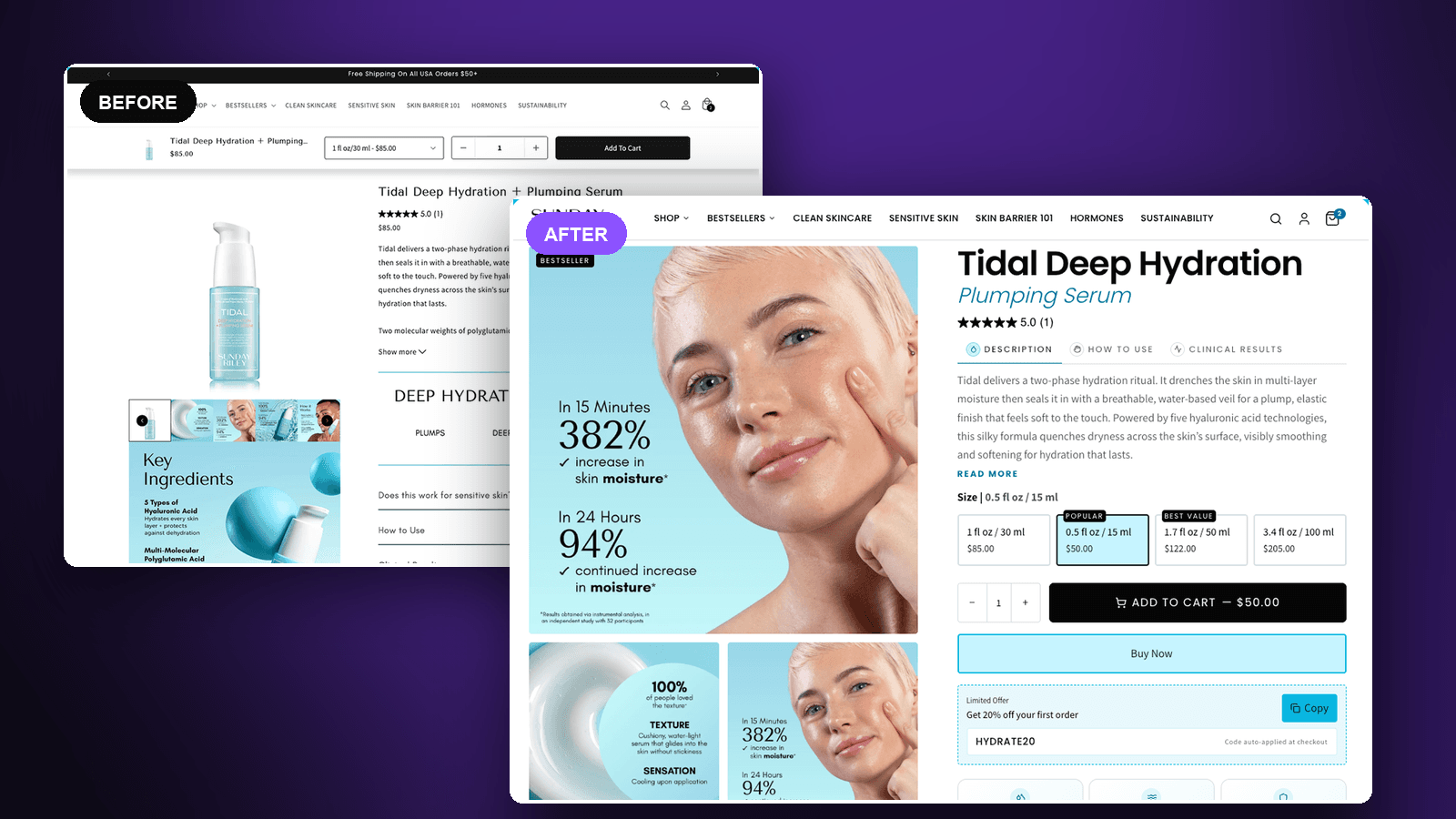 Sunday Riley Tidal serum product page, before and after the Proscube rebuild