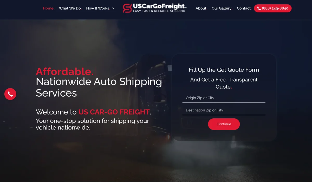 US Cargo Freight — the quote request sitting in the hero, not behind a Contact link