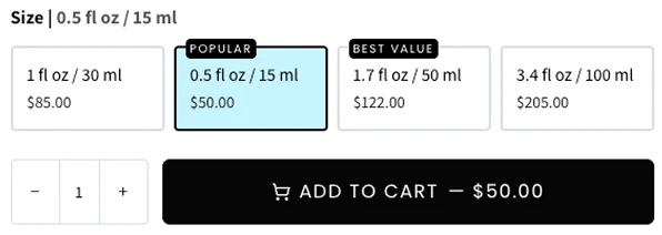 Sunday Riley — four sizes, a $50 way in, live price on the button