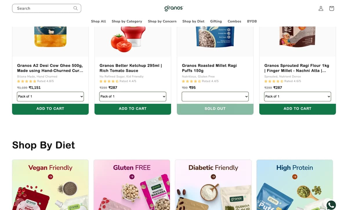 Granos — shop by diet, so a repeat buyer finds their set fast