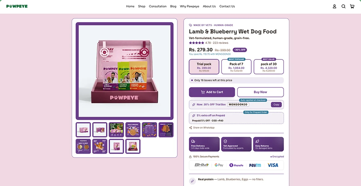 Pawpeye — pack tiers, unit price and payment trust in one block