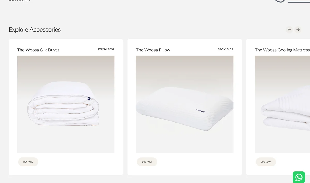 Woosa — accessories priced and shoppable for the visit after the mattress