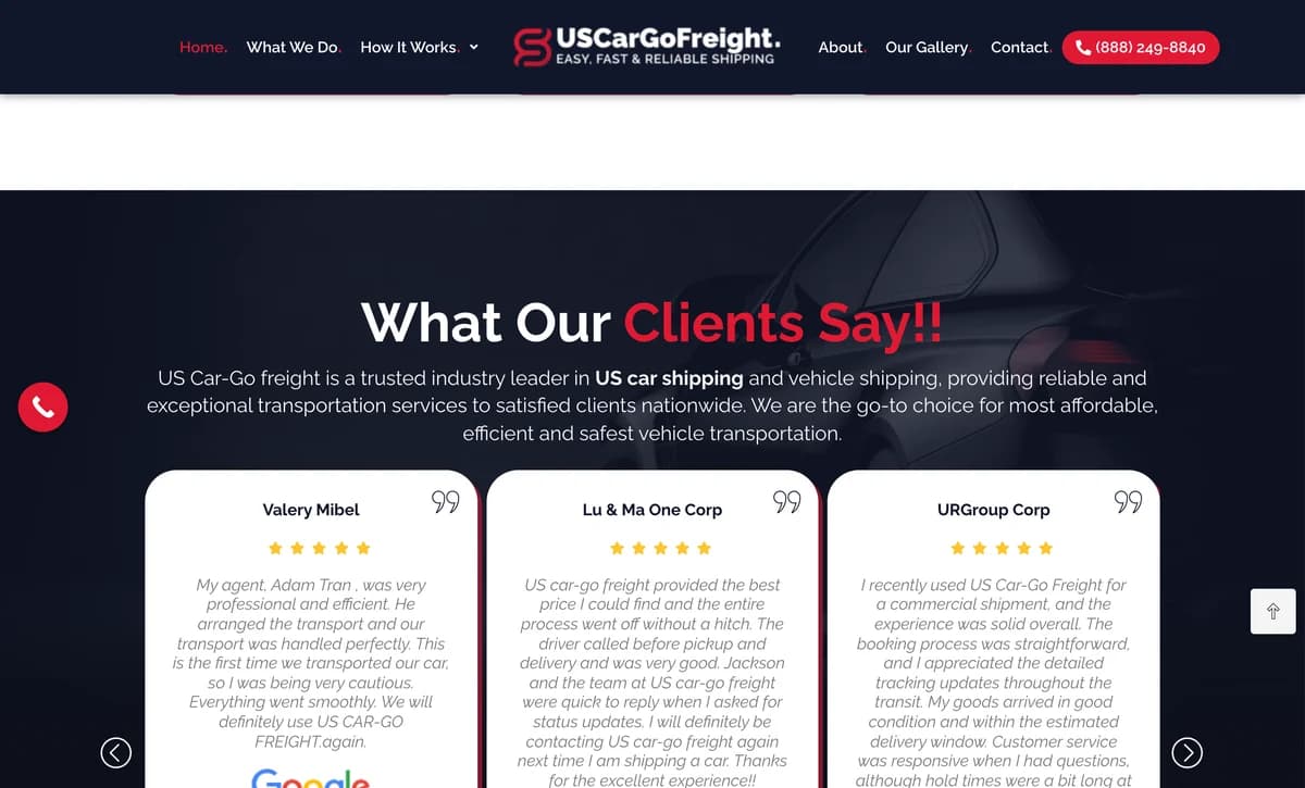 US Cargo Freight — named customer proof beside the commitment