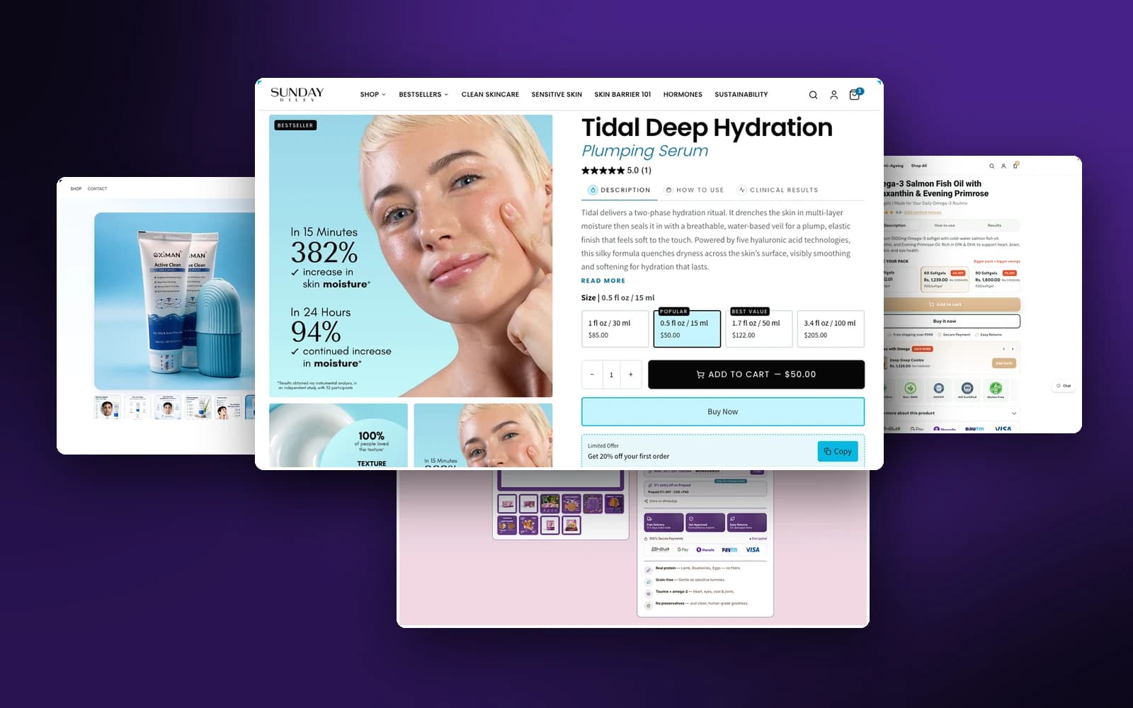 Product pages Proscube rebuilt for Sunday Riley, InStrength, Oximan and Pawpeye